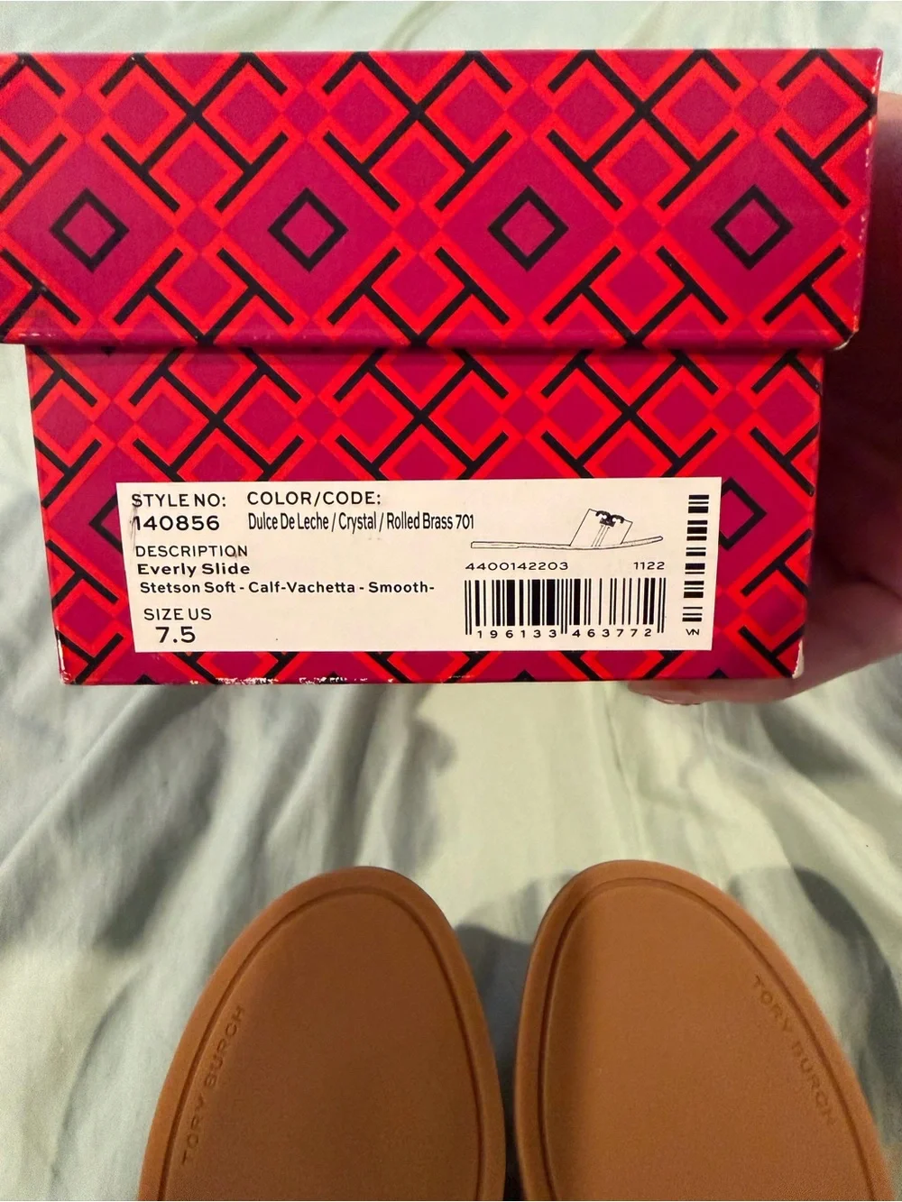 Tory Burch Everly Slide Sandals with Gold Crystal Logo Emblem